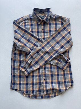 Lucky Brand California Fit Men’s Large Plaid Shirt Blue Gray Orange Cotton Butto